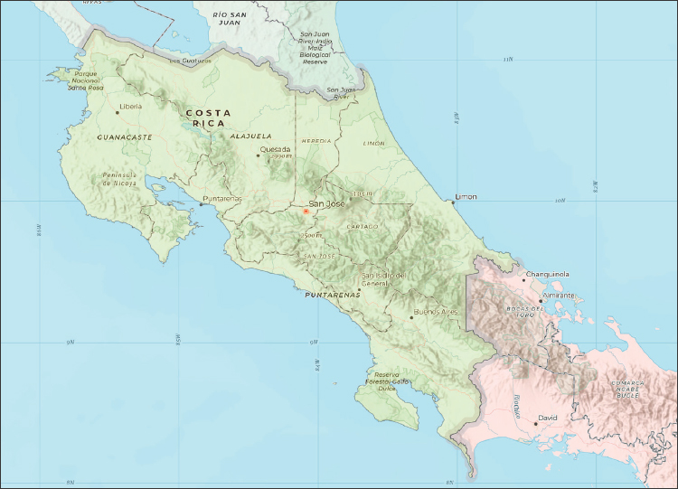 Map showing the country of Costa Rica, bordered by Nicaragua to the north, the Pacific Ocean to the west and south, Panama to the south and east, and the Caribbean Sea to the east. Lines indicate the borders of regions within the country, and pointers and labels indicate the locations of cities and geographical features.