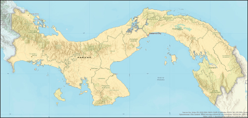 Map showing the country of Panama, bordered by the Caribbean Sea to the north, Costa Rica to the west, the Pacific Ocean to the south, and Colombia, South America, to the east. Lines indicate the borders of regions within the country, and pointers and labels indicate the locations of cities and geographical features.