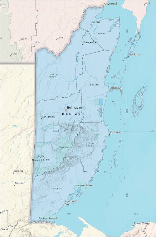 Map showing the country of Belize, bordered by Mexico to the north, Guatemala to the west and south, and the Caribbean Sea to the east. Lines indicate the borders of regions within the country, and pointers and labels indicate the locations of cities and geographical features.