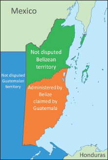 Map showing the country of Belize. The “Not disputed Guatemalan territory” lies to the west, the north half of Belize is labeled “Not disputed Belizean territory,” and the south half of Belize is labeled “Administered by Belize claimed by Guatemala.”