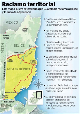 Map of the country of Belize with the southern half highlighted as disputed area. Notes in Spanish describe Guatemala’s attempts to reclaim that section of Belize.