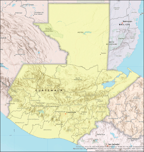 Map showing the country of Guatemala, bordered by Mexico to the north and west, the Pacific Ocean to the west and south, Belize to the east, and Honduras and El Salvador to the southeast. Lines indicate the borders of regions within the country, and pointers and labels indicate the locations of cities and geographical features.