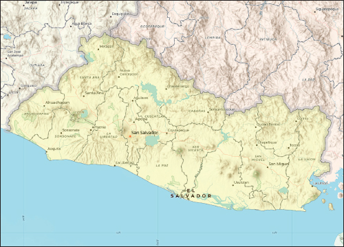 Map showing the country of El Salvador, bordered by Guatemala and Honduras to the north and the Pacific Ocean to the south. Lines indicate the borders of regions within the country, and pointers and labels indicate the locations of cities and geographical features.