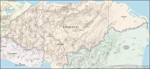 Map showing the country of Honduras, bordered by the Caribbean Sea to the north, Guatemala to the west, El Salvador to the southwest, and Nicaragua to the southeast. Lines indicate the borders of regions within the country, and pointers and labels indicate the locations of cities and geographical features.