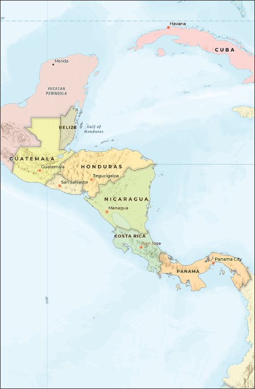 Map showing the countries of Central America: from northwest to southeast, the countries are Belize, Guatemala, Honduras, El Salvador, Nicaragua, Costa Rica, and Panama.